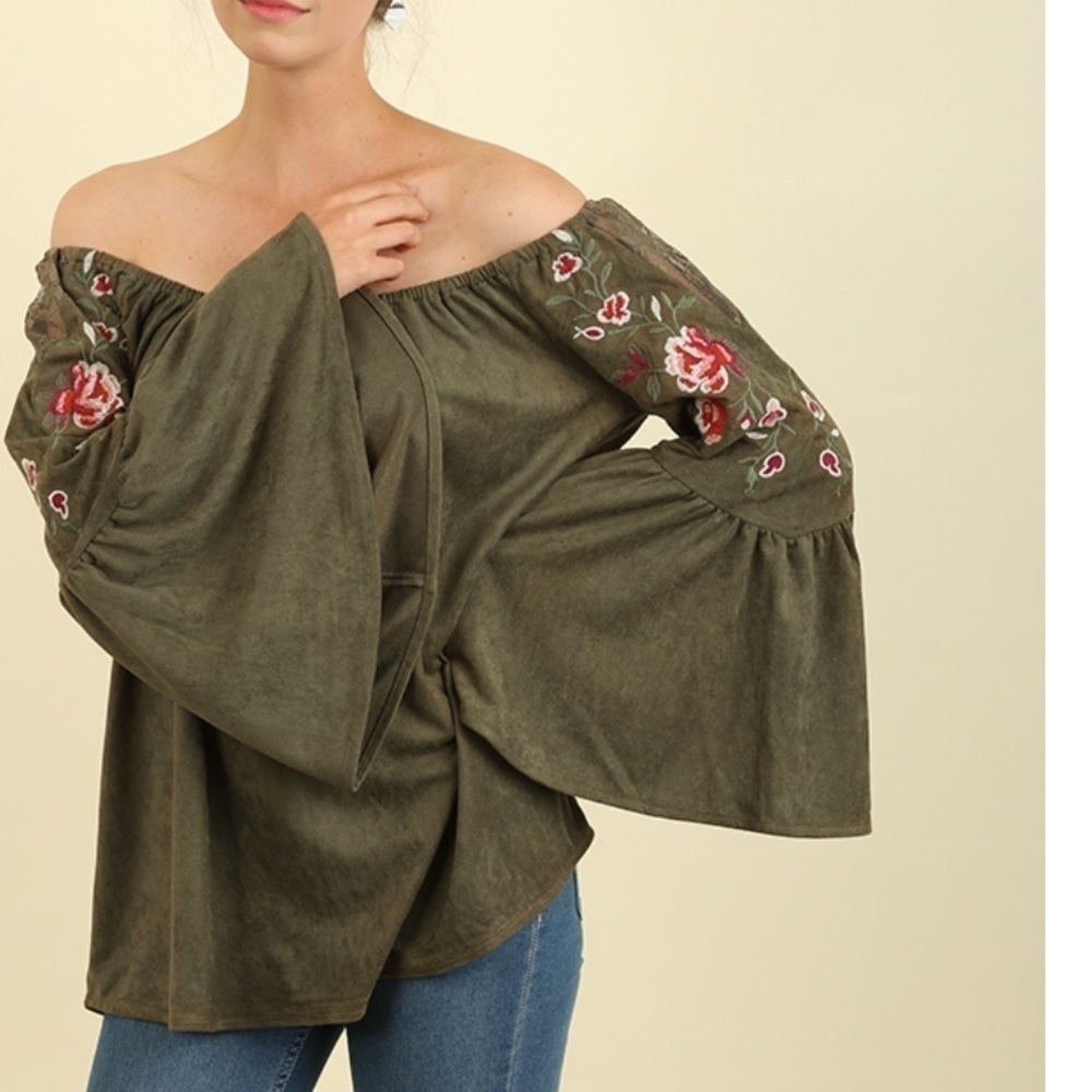 Brushed suede feeling Olive embroidered bell sleeve top, amazing
